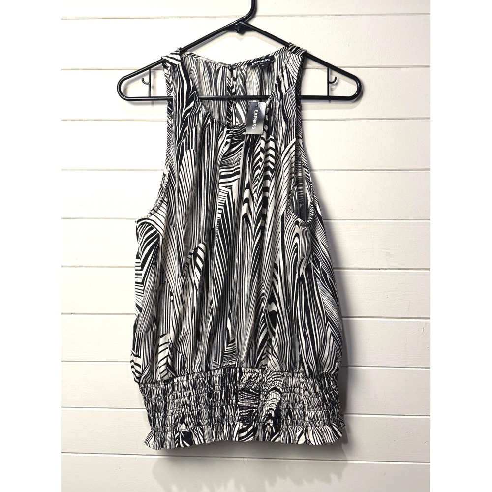 Express Abstract Zebra Print Sleeveless Blouson‎ Smocked Hem Top XL Black NWT
